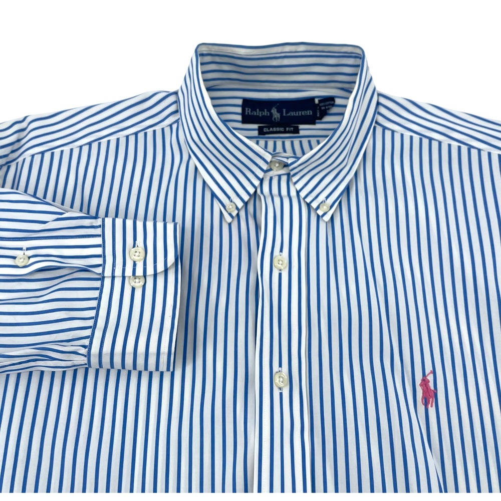 Vintage Ralph Lauren Classic Fit Blue White Striped Button Down Shirt Mens L